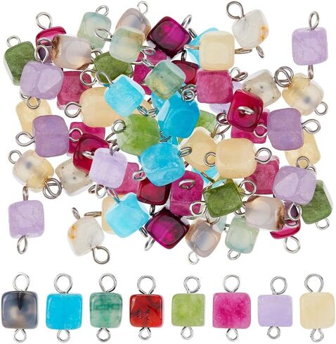 Superfindings 32pcs 8 Colors Natural Gemstone Connector Charms Charms Cube Cube مع 304 حلقات مزدوجة من الفولاذ المقاوم للصدأ in Kuwait