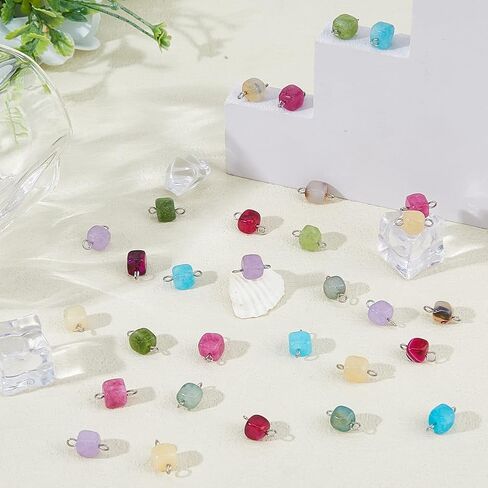 Superfindings 32pcs 8 Colors Natural Gemstone Connector Charms Charms Cube Cube مع 304 حلقات مزدوجة من الفولاذ المقاوم للصدأ in Kuwait