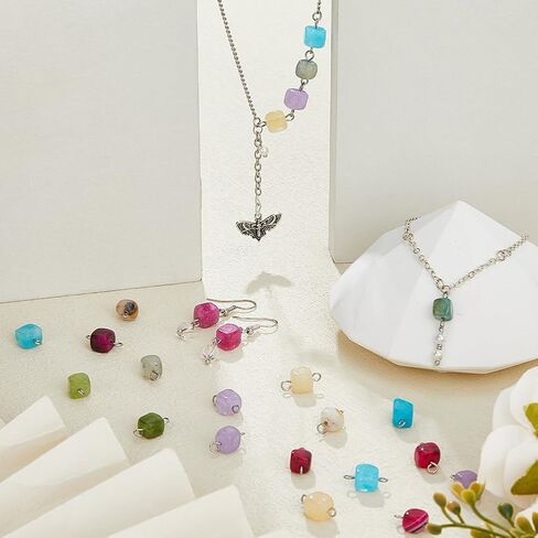 Superfindings 32pcs 8 Colors Natural Gemstone Connector Charms Charms Cube Cube مع 304 حلقات مزدوجة من الفولاذ المقاوم للصدأ in Kuwait