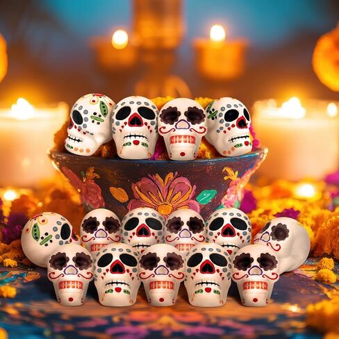 12 Pcs Miniature Day of The Dead Skulls Ofrenda Decorations Dia De Los Muertos Ofrendas Altar De Muertos Miniature Mexican Fiesta for Day of The Dead Halloween Altar Ofrenda Decor in Saudi Arabia