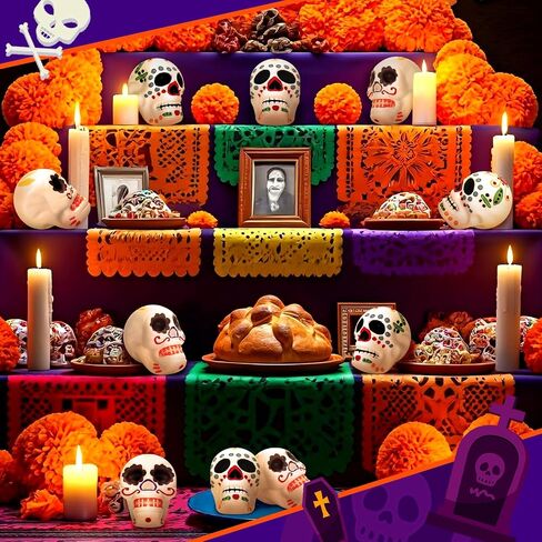 12 Pcs Miniature Day of The Dead Skulls Ofrenda Decorations Dia De Los Muertos Ofrendas Altar De Muertos Miniature Mexican Fiesta for Day of The Dead Halloween Altar Ofrenda Decor in Saudi Arabia