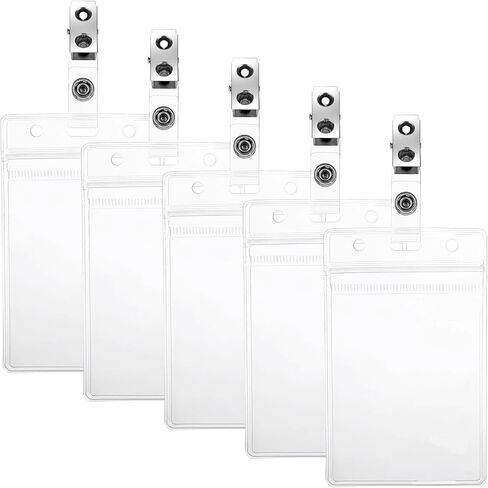 5 Pack Waterproof Vertical ID Badge Holder with Metal Clips, Clear Plastic Card Protector Name Tag Holders Fits Proximity, Badge Swipe Cards and Credit Card in Saudi Arabia
