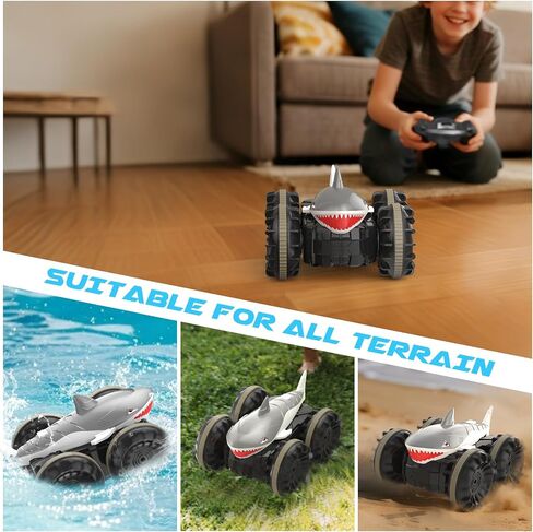 سمك القرش برمائيات التحكم عن بُعد - هدية للأطفال بويز فتيات ، سيارة RC مقاوم للماء 4WD ، شاحنة وحش التحكم عن بعد مع حيلة 360 درجة ، استشعار الإيماءات ， التحكم عن بُعد مزدوج in Kuwait