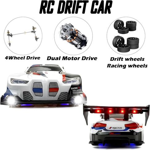 RC Drift Car 2.4 جيجا هرتز 1:24 مقياس 4WD 25km+/H مركبة طراز عالي السرعة مع مصابيح LED تنجرف سيارة رياضة الرياضة للبالغين الأولاد هدية الأطفال (أسود) in Kuwait
