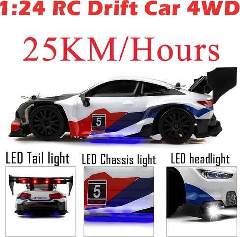 RC Drift Car 2.4 جيجا هرتز 1:24 مقياس 4WD 25km+/H مركبة طراز عالي السرعة مع مصابيح LED تنجرف سيارة رياضة الرياضة للبالغين الأولاد هدية الأطفال (أسود) in Kuwait