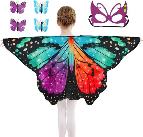 Butterfly Costume for Girls Fairy Wings Kids 4 Pcs(Cape,Skirts,Masks,Hair Clips) Butterfly Wings for Halloween Gifts in Kuwait