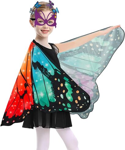 Butterfly Costume for Girls Fairy Wings Kids 4 Pcs(Cape,Skirts,Masks,Hair Clips) Butterfly Wings for Halloween Gifts in Kuwait