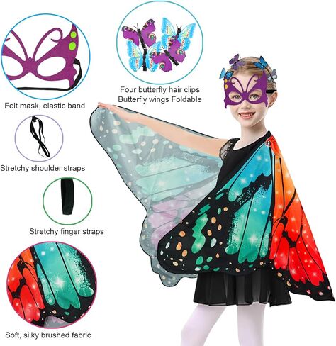 Butterfly Costume for Girls Fairy Wings Kids 4 Pcs(Cape,Skirts,Masks,Hair Clips) Butterfly Wings for Halloween Gifts in Kuwait