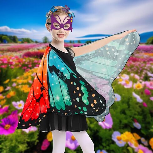 Butterfly Costume for Girls Fairy Wings Kids 4 Pcs(Cape,Skirts,Masks,Hair Clips) Butterfly Wings for Halloween Gifts in Kuwait