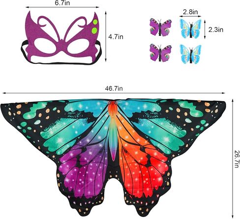 Butterfly Costume for Girls Fairy Wings Kids 4 Pcs(Cape,Skirts,Masks,Hair Clips) Butterfly Wings for Halloween Gifts in Kuwait