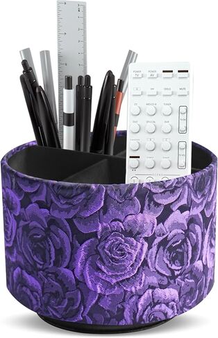 QIELIZI Round Leather Art Supply Organizer,Remote Control Holder,360 Degree Rotating,Multi-Functional Pencil Holder,4 Compartments Desktop Stationary Organizer(1-3D Rose Purple) in Saudi Arabia