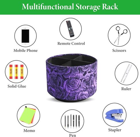 QIELIZI Round Leather Art Supply Organizer,Remote Control Holder,360 Degree Rotating,Multi-Functional Pencil Holder,4 Compartments Desktop Stationary Organizer(1-3D Rose Purple) in Saudi Arabia