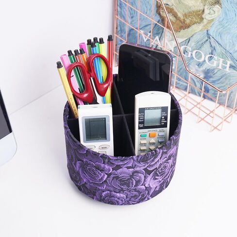 QIELIZI Round Leather Art Supply Organizer,Remote Control Holder,360 Degree Rotating,Multi-Functional Pencil Holder,4 Compartments Desktop Stationary Organizer(1-3D Rose Purple) in Saudi Arabia