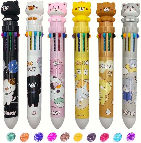 6 Pcs Multicolor Ballpoint Pen 0.7 mm Cute Cat 10-in-1 Colored Pens Fine Point Retractable Cartoon Office School Supplies Kawaii Stationery in Saudi Arabia