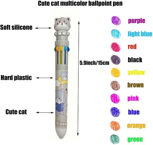 6 Pcs Multicolor Ballpoint Pen 0.7 mm Cute Cat 10-in-1 Colored Pens Fine Point Retractable Cartoon Office School Supplies Kawaii Stationery in Saudi Arabia