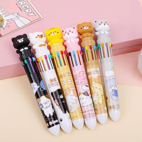 6 Pcs Multicolor Ballpoint Pen 0.7 mm Cute Cat 10-in-1 Colored Pens Fine Point Retractable Cartoon Office School Supplies Kawaii Stationery in Saudi Arabia