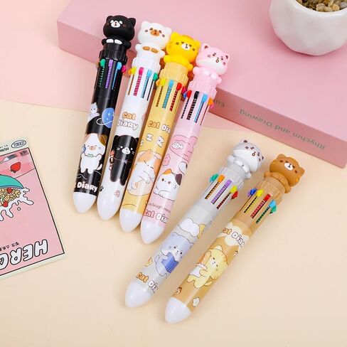 6 Pcs Multicolor Ballpoint Pen 0.7 mm Cute Cat 10-in-1 Colored Pens Fine Point Retractable Cartoon Office School Supplies Kawaii Stationery in Saudi Arabia
