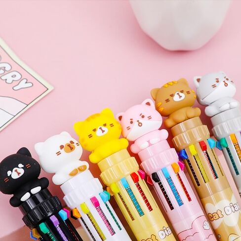 6 Pcs Multicolor Ballpoint Pen 0.7 mm Cute Cat 10-in-1 Colored Pens Fine Point Retractable Cartoon Office School Supplies Kawaii Stationery in Saudi Arabia