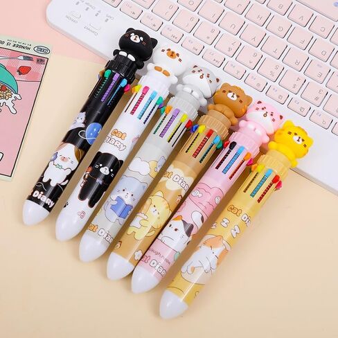 6 Pcs Multicolor Ballpoint Pen 0.7 mm Cute Cat 10-in-1 Colored Pens Fine Point Retractable Cartoon Office School Supplies Kawaii Stationery in Saudi Arabia