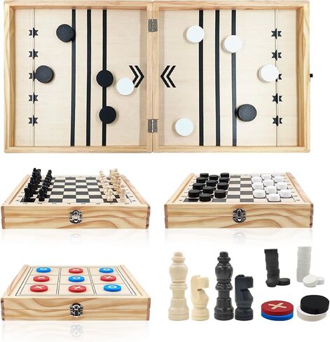 4 in 1 Wooden Fodable Fast Sling Puck Game Set – Chess, Tic Tac Toe, Checkers Board Game for Kids & Adults, Portable Tabletop Family Toy for Travel & Game Night in Saudi Arabia