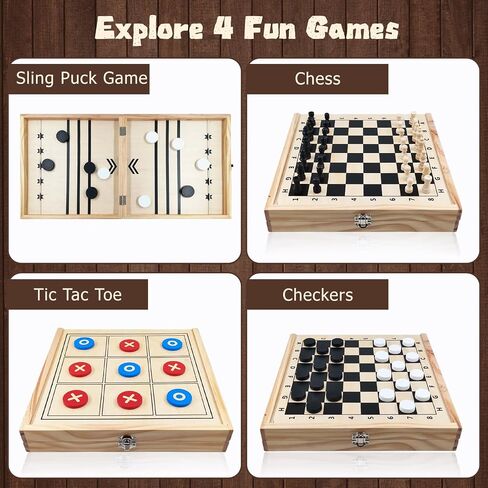 4 in 1 Wooden Fodable Fast Sling Puck Game Set – Chess, Tic Tac Toe, Checkers Board Game for Kids & Adults, Portable Tabletop Family Toy for Travel & Game Night in Saudi Arabia