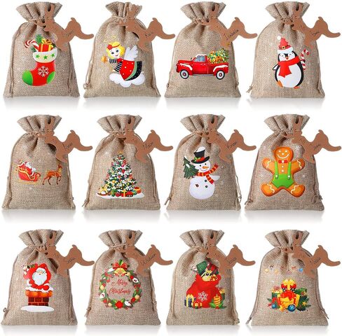 Shappy 24 Pcs Christmas Burlap Gift Bags, Small Treat Goody Bags with Drawstrings for Christmas, Featuring 12 Designs for Xmas and New Year Party Favors and Supplies(Rustic Style,7 x 5 Inch) in Saudi Arabia