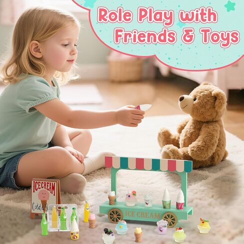 مجموعات لعبة الآيس كريم الصغيرة للعب المطبخ - شاحنة طعام مصغرة مع عربة خشبية ، 7 عصائر ، مخاريط وزجاجات مشروب لديكور الدمية ، الطعام والملحقات ، هدية عيد ميلاد لعب الفتيات والفتيان in Kuwait