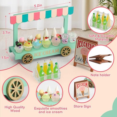 مجموعات لعبة الآيس كريم الصغيرة للعب المطبخ - شاحنة طعام مصغرة مع عربة خشبية ، 7 عصائر ، مخاريط وزجاجات مشروب لديكور الدمية ، الطعام والملحقات ، هدية عيد ميلاد لعب الفتيات والفتيان in Kuwait