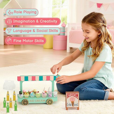 مجموعات لعبة الآيس كريم الصغيرة للعب المطبخ - شاحنة طعام مصغرة مع عربة خشبية ، 7 عصائر ، مخاريط وزجاجات مشروب لديكور الدمية ، الطعام والملحقات ، هدية عيد ميلاد لعب الفتيات والفتيان in Kuwait