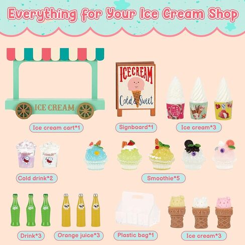 مجموعات لعبة الآيس كريم الصغيرة للعب المطبخ - شاحنة طعام مصغرة مع عربة خشبية ، 7 عصائر ، مخاريط وزجاجات مشروب لديكور الدمية ، الطعام والملحقات ، هدية عيد ميلاد لعب الفتيات والفتيان in Kuwait