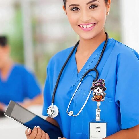 مضحك كات هالوين شارة بكرة قابلة للسحب لطيف اليقطين ممرضة الشارة مقطع الفضة بريق إكسسوارات طبية مساعد مع حامل شارة مقطع التمساح لخريف المعلم الطالب in Saudi Arabia