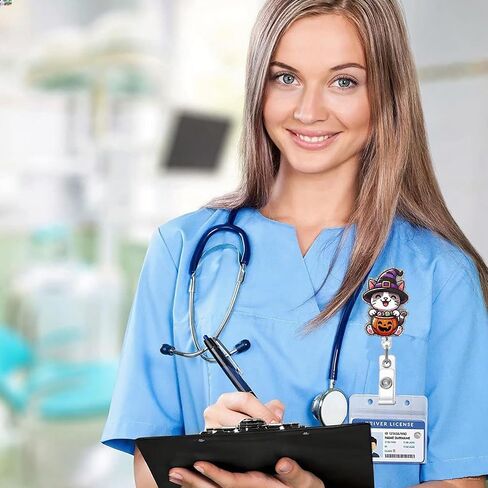مضحك كات هالوين شارة بكرة قابلة للسحب لطيف اليقطين ممرضة الشارة مقطع الفضة بريق إكسسوارات طبية مساعد مع حامل شارة مقطع التمساح لخريف المعلم الطالب in Saudi Arabia