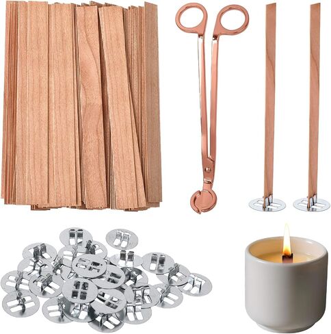 200 PCS Wood Wicks for Candles Making ، DIY Candle Wicks for Candle Making with Wick Trimmer ، استبدل حاملي Wocks Wicks الخشبي ، Natural HimeMade Kit Fullless Long Long Sharing Flame in Kuwait