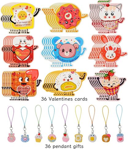 Valentines Cards for Kids Classroom Gifts - 36 Cute Pendant Gifts + 36 Valentines Day Cards for Kids, Valentine's Day Party Favors, Sweet Kids Vday Cards for School Valentines Classroom Exchange in Saudi Arabia