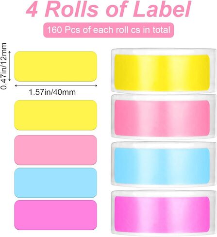 4 Rolls D30 Label Maker Tape, Thermal Label Printer Paper for Phomemo, 12x40 mm (0.47"x 1.57"), Labels for Phomemo D30 D32 D35 Q30 Q30s Q31, Print Master Labels Refill, 160/Roll (Colorful) in Saudi Arabia