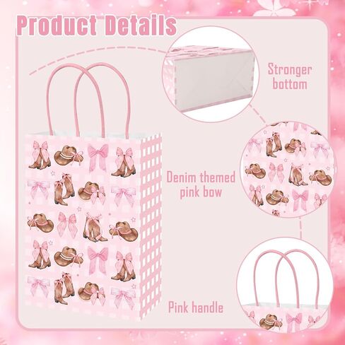 JarThenaAMCS 24Pcs Western Cowgirl Paper Bags Pink Bow Cowgirl Boot Hat Gift Bag with Handle Coquette Candy Goodie Treat Bag for Baby Shower Birthday Party Favor in Saudi Arabia