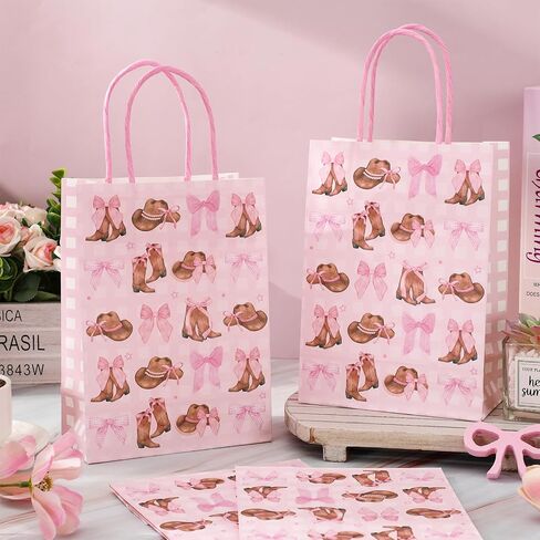 JarThenaAMCS 24Pcs Western Cowgirl Paper Bags Pink Bow Cowgirl Boot Hat Gift Bag with Handle Coquette Candy Goodie Treat Bag for Baby Shower Birthday Party Favor in Saudi Arabia