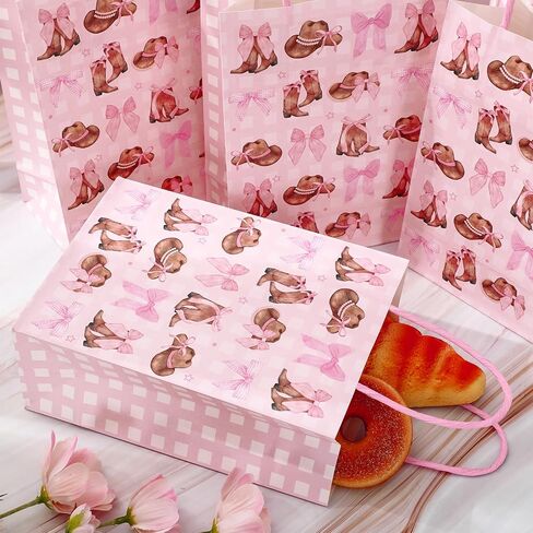 JarThenaAMCS 24Pcs Western Cowgirl Paper Bags Pink Bow Cowgirl Boot Hat Gift Bag with Handle Coquette Candy Goodie Treat Bag for Baby Shower Birthday Party Favor in Saudi Arabia