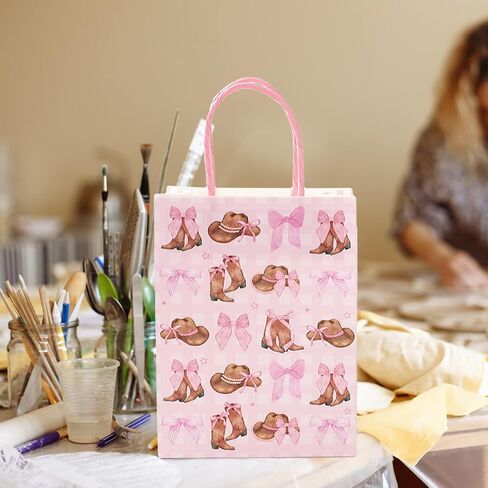JarThenaAMCS 24Pcs Western Cowgirl Paper Bags Pink Bow Cowgirl Boot Hat Gift Bag with Handle Coquette Candy Goodie Treat Bag for Baby Shower Birthday Party Favor in Saudi Arabia