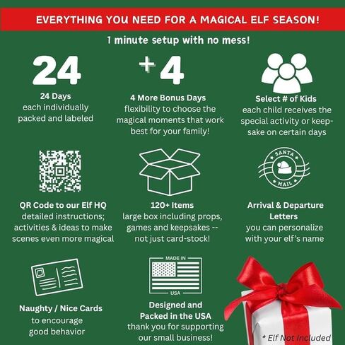 2025 elf Kit - 24 Day elf kit for Christmas Holiday Countdown ، Props Elf Props ، أنشطة ماكرة ، ألعاب ، أذى ، ملابس ، و KIT ANTICS 1 KID in Saudi Arabia