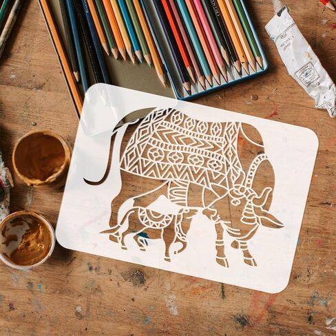FINGERINSPIRE Warli Cow Painting Stencil - 8.3x11.7inch Large Cow Stencil for Painting, Ancient Style Pattern Drawing Template in Saudi Arabia