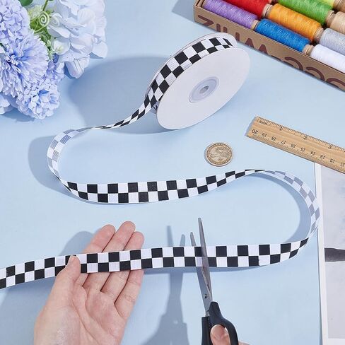 AHANDMaker 27 ياردة شريط فحص أبيض وأسود ، 3/4 بوصة سباق السيارة تحت عنوان GROSGRAIN شريط ، شريط Grosgrain مع نمط كلاسيكي المتقلب ل DIY ، حفلة سباق والهدية الديكور in Kuwait