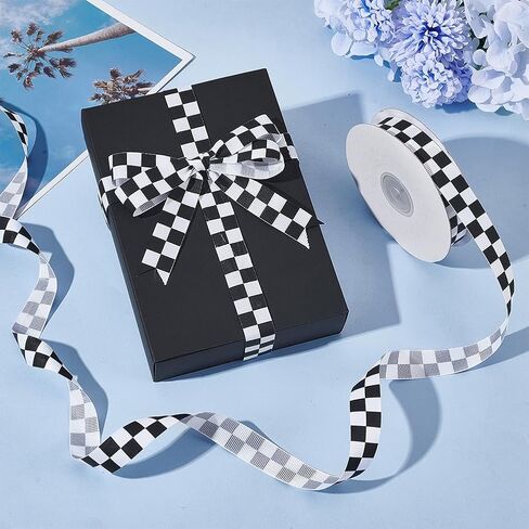 AHANDMaker 27 ياردة شريط فحص أبيض وأسود ، 3/4 بوصة سباق السيارة تحت عنوان GROSGRAIN شريط ، شريط Grosgrain مع نمط كلاسيكي المتقلب ل DIY ، حفلة سباق والهدية الديكور in Kuwait