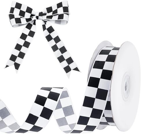 AHANDMAKER 27 Yards Black and White Check Ribbon,3/4 Inch Racing Car Themed Grosgrain Ribbon, Grosgrain Ribbon with Classic Checkered Pattern for DIY, Racing Car Party & Gift Decoration in Kuwait