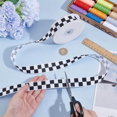 AHANDMAKER 27 Yards Black and White Check Ribbon,3/4 Inch Racing Car Themed Grosgrain Ribbon, Grosgrain Ribbon with Classic Checkered Pattern for DIY, Racing Car Party & Gift Decoration in Kuwait