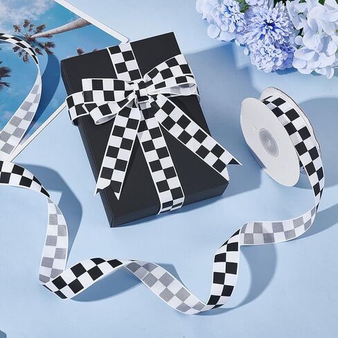 AHANDMAKER 27 Yards Black and White Check Ribbon,3/4 Inch Racing Car Themed Grosgrain Ribbon, Grosgrain Ribbon with Classic Checkered Pattern for DIY, Racing Car Party & Gift Decoration in Kuwait