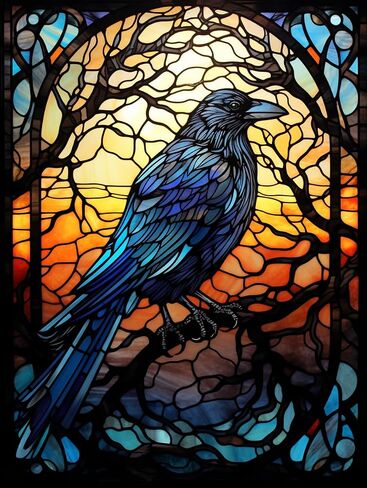 Generic Black Raven Stained Glass Art 5D Diamond Art Painting for Adults Full Drill Round Diamond Paint by Number Kits for Beginners Gems Cross Stitch for Wall Decor 11.8x15.8inch(4) in Saudi Arabia