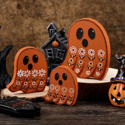 Suzile 3 Pcs Halloween Decor Wooden Ghost Sign Ghost Theme Table Centerpieces Cute Ghost Tiered Tray Decorations Rustic Farmhouse Ghost Sign for Halloween Fall Party Home Shelf Photo Prop Display in Saudi Arabia