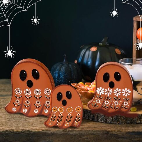 Suzile 3 Pcs Halloween Decor Wooden Ghost Sign Ghost Theme Table Centerpieces Cute Ghost Tiered Tray Decorations Rustic Farmhouse Ghost Sign for Halloween Fall Party Home Shelf Photo Prop Display in Saudi Arabia
