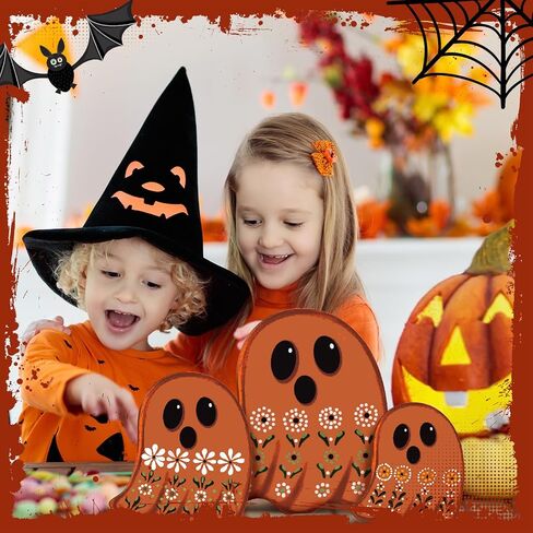 Suzile 3 Pcs Halloween Decor Wooden Ghost Sign Ghost Theme Table Centerpieces Cute Ghost Tiered Tray Decorations Rustic Farmhouse Ghost Sign for Halloween Fall Party Home Shelf Photo Prop Display in Saudi Arabia